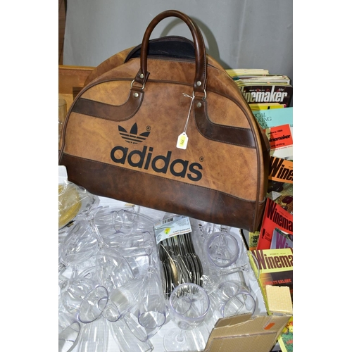 773 - THREE BOXES AND LOOSE WINEMAKING PUBLICATIONS, ADIDAS BAG, PLASTIC WINE GLASSES AND SUNDRY ITEMS, to... 