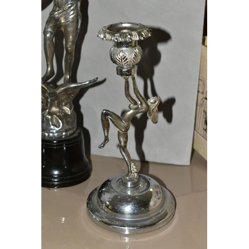 797 - A PAIR OF ART DECO CHROME FIGURES, with a pair of Art Deco chrome candle holders, the chrome figures... 