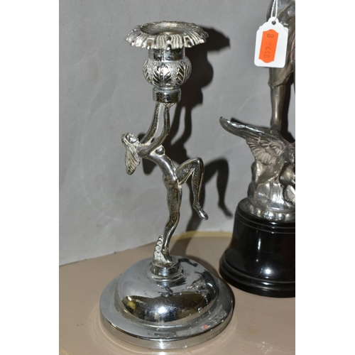 797 - A PAIR OF ART DECO CHROME FIGURES, with a pair of Art Deco chrome candle holders, the chrome figures... 