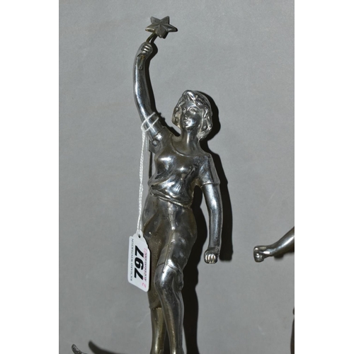 797 - A PAIR OF ART DECO CHROME FIGURES, with a pair of Art Deco chrome candle holders, the chrome figures... 