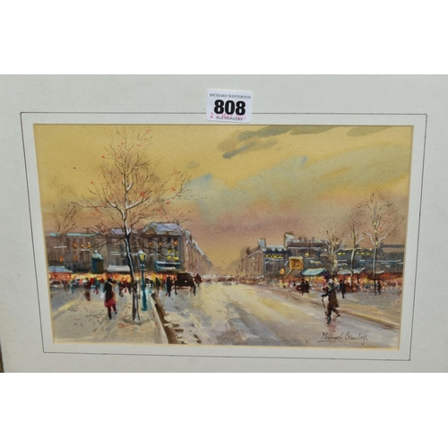 808 - MICHAEL CRAWLEY (BRITISH CONTEMPORARY) FOUR CITYSCAPE WATERCOLOURS, comprising an American street sc... 