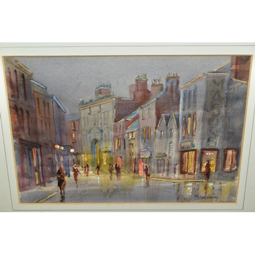 808 - MICHAEL CRAWLEY (BRITISH CONTEMPORARY) FOUR CITYSCAPE WATERCOLOURS, comprising an American street sc... 