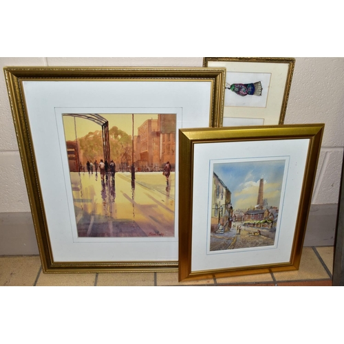 808 - MICHAEL CRAWLEY (BRITISH CONTEMPORARY) FOUR CITYSCAPE WATERCOLOURS, comprising an American street sc... 