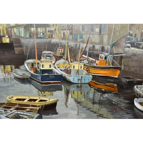 812 - JOHN WAKE (BRITISH 20TH CENTURY), 'Brixham Harbour', fishing boats at their moorings, oil on board, ... 