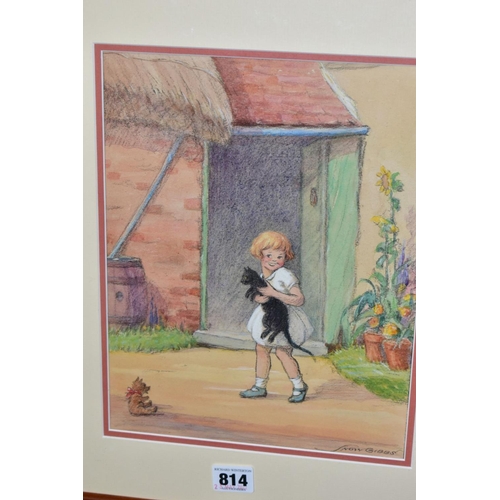 814 - SNOW GIBBS (1880-1970?) A YOUNG GIRL HOLDING A CAT, the girl is standing before a cottage door with ... 