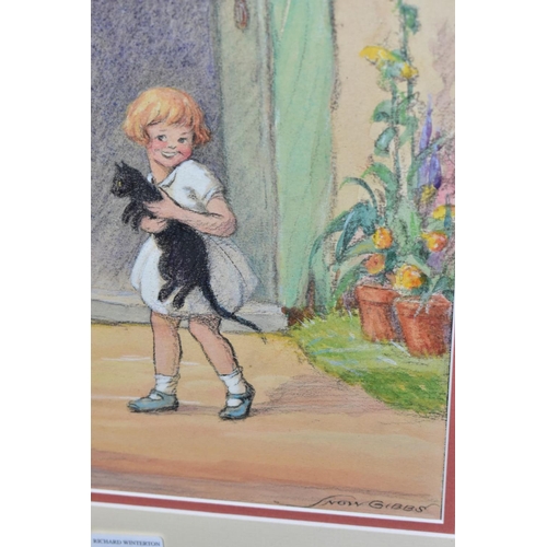 814 - SNOW GIBBS (1880-1970?) A YOUNG GIRL HOLDING A CAT, the girl is standing before a cottage door with ... 