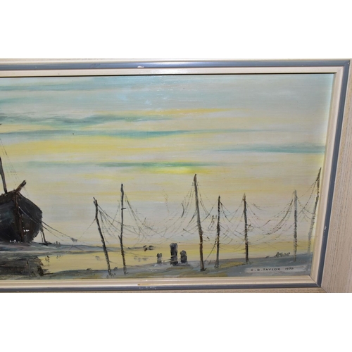 817 - PAINTINGS AND PRINTS ETC, to include C.D Taylor oil on board depicting boats at their moorings at lo... 