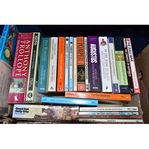 818 - BOOKS, seven boxes containing approximately 175 titles in paperback format, subjects include Penguin... 