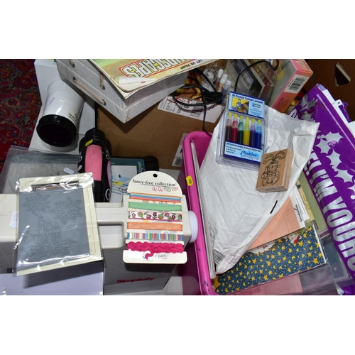 828 - TWO BOXES AND LOOSE ART AND CRAFT EQUIPMENT, including a Simplicity '12 Needle Deluxe Felting Machin... 