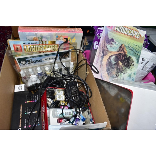 828 - TWO BOXES AND LOOSE ART AND CRAFT EQUIPMENT, including a Simplicity '12 Needle Deluxe Felting Machin... 