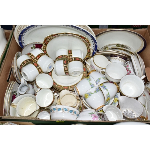 830 - FIVE BOXES OF ASSORTED CERAMICS, mostly mid-20th century part tea sets by Tuscan, Colclough, Royal S... 