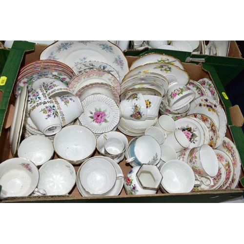 830 - FIVE BOXES OF ASSORTED CERAMICS, mostly mid-20th century part tea sets by Tuscan, Colclough, Royal S... 