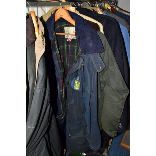 835 - A QUANTITY OF GENTS CLOTHING IN FOUR BOXES AND LOOSE, approximately forty three coats, jackets and b... 