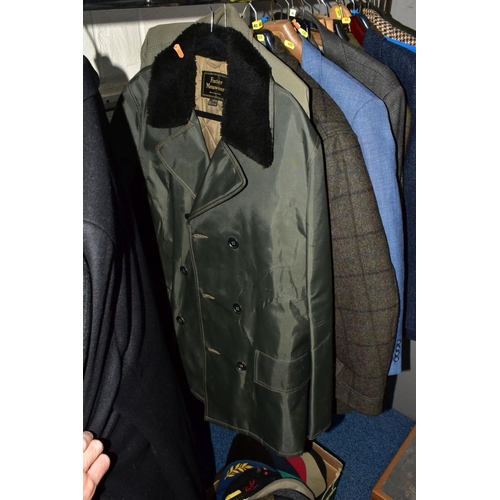 835 - A QUANTITY OF GENTS CLOTHING IN FOUR BOXES AND LOOSE, approximately forty three coats, jackets and b... 