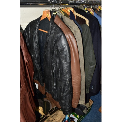 835 - A QUANTITY OF GENTS CLOTHING IN FOUR BOXES AND LOOSE, approximately forty three coats, jackets and b... 