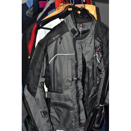 840 - A BOX AND LOOSE OF GENTS CLOTHING AND MOTOR BIKING GARMENTS, including an 'Armr Moto' biker' jacket ... 