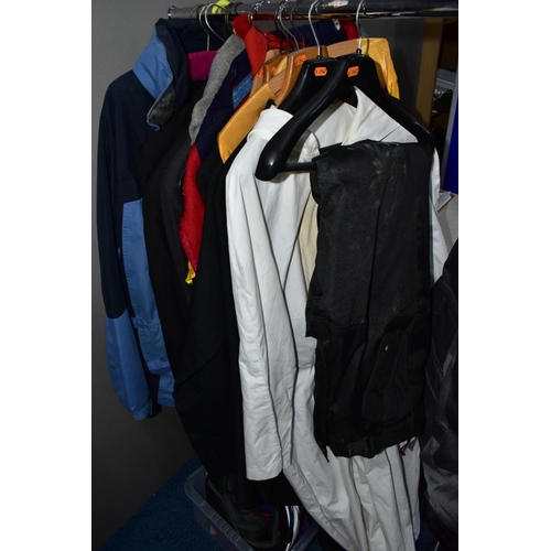 840 - A BOX AND LOOSE OF GENTS CLOTHING AND MOTOR BIKING GARMENTS, including an 'Armr Moto' biker' jacket ... 