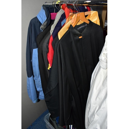 840 - A BOX AND LOOSE OF GENTS CLOTHING AND MOTOR BIKING GARMENTS, including an 'Armr Moto' biker' jacket ... 