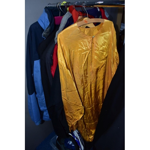 840 - A BOX AND LOOSE OF GENTS CLOTHING AND MOTOR BIKING GARMENTS, including an 'Armr Moto' biker' jacket ... 