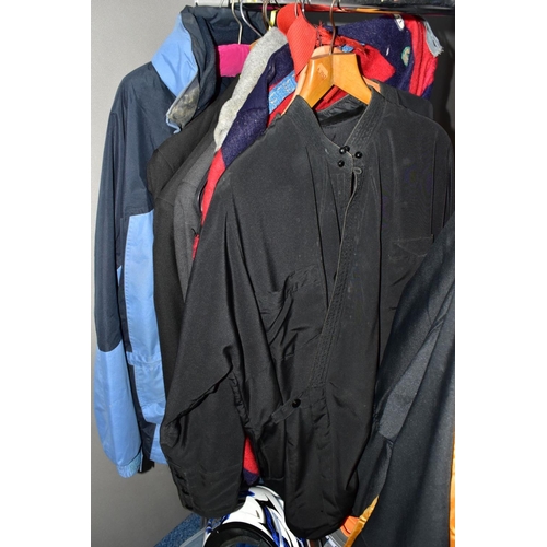 840 - A BOX AND LOOSE OF GENTS CLOTHING AND MOTOR BIKING GARMENTS, including an 'Armr Moto' biker' jacket ... 