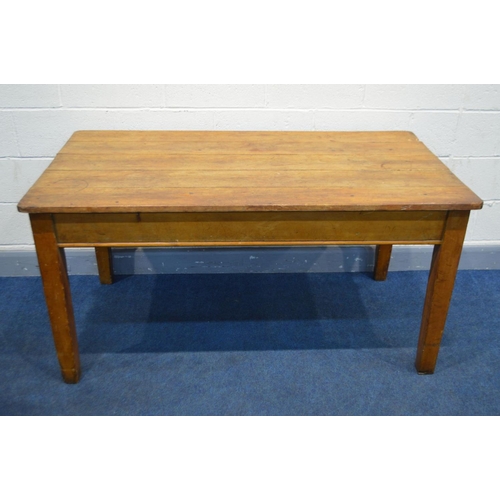 1374 - A VICTORIAN PINE FARMHOUSE KITCHEN TABLE, of a rectangular form, with a five plank top, drawers to e... 