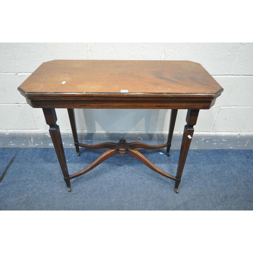 1396 - A 19TH CENTURY MAHOGANY AND INLAID FOLD OVER CARD TABLE, ebonised trim, purple baize surface, on squ... 