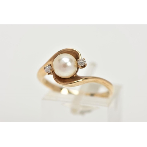 1 - A 9CT GOLD CULTURED PEARL AND DIAMOND RING, a single white cultured pearl with a cream hue, approxim... 