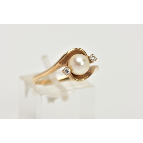 1 - A 9CT GOLD CULTURED PEARL AND DIAMOND RING, a single white cultured pearl with a cream hue, approxim... 