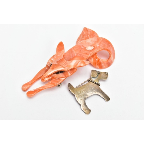 104 - A LEA STEIN BROOCH AND ONE OTHER, a compressed plastic brooch in the form of a fox, orange and cream... 