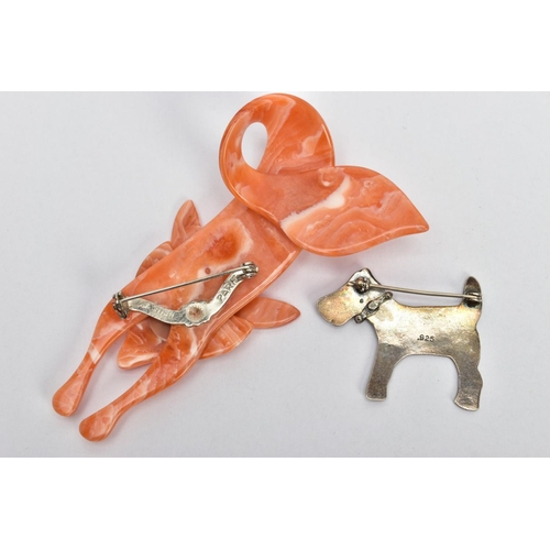 104 - A LEA STEIN BROOCH AND ONE OTHER, a compressed plastic brooch in the form of a fox, orange and cream... 