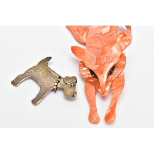 104 - A LEA STEIN BROOCH AND ONE OTHER, a compressed plastic brooch in the form of a fox, orange and cream... 