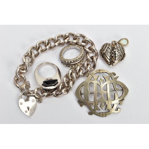 106 - AN ASSORTMENT OF SILVER AND WHITE METAL JEWELLERY, to include a heavy silver curb link charm bracele... 