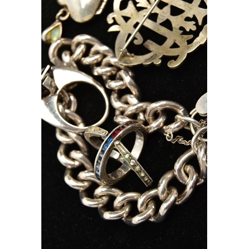 106 - AN ASSORTMENT OF SILVER AND WHITE METAL JEWELLERY, to include a heavy silver curb link charm bracele... 