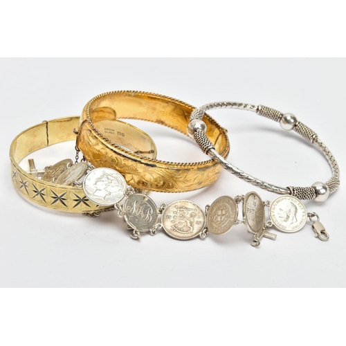 107 - AN ASSORTMENT OF SILVER AND WHITE METAL JEWELLERY, to include two silver gold plated hinged bangles,... 