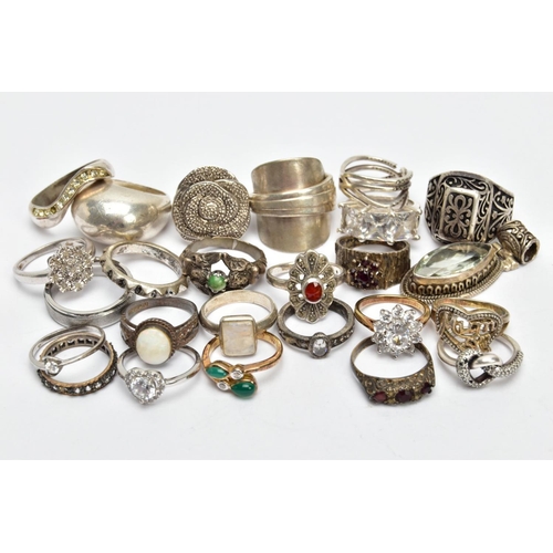 108 - AN ASSORTMENT OF SILVER AND WHITE METAL JEWELLERY, to include two silver rings, hallmarked silver, a... 