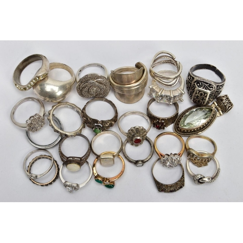 108 - AN ASSORTMENT OF SILVER AND WHITE METAL JEWELLERY, to include two silver rings, hallmarked silver, a... 