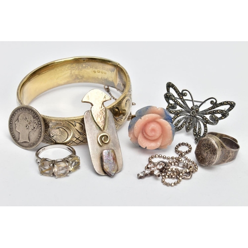 109 - AN ASSORTMENT OF WHITE METAL JEWELLERY,  to include a locket ring, stamped sterling, a gold plated h... 