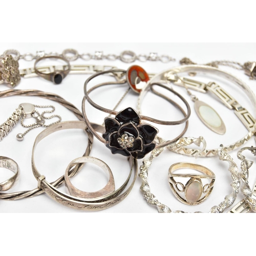 110 - AN ASSORTMENT OF SILVER AND WHITE METAL JEWELLERY, to include an AF silver ring, hallmarked silver B... 