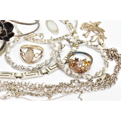 110 - AN ASSORTMENT OF SILVER AND WHITE METAL JEWELLERY, to include an AF silver ring, hallmarked silver B... 