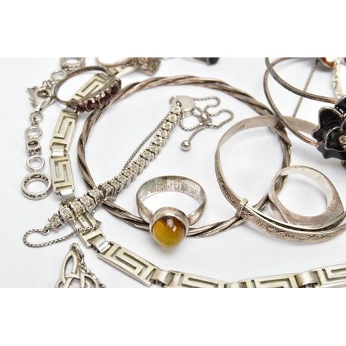 110 - AN ASSORTMENT OF SILVER AND WHITE METAL JEWELLERY, to include an AF silver ring, hallmarked silver B... 