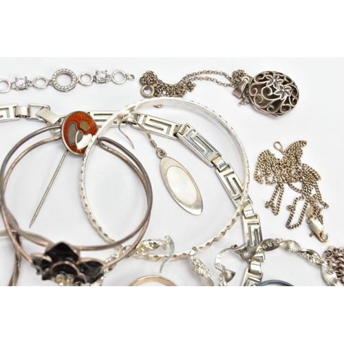 110 - AN ASSORTMENT OF SILVER AND WHITE METAL JEWELLERY, to include an AF silver ring, hallmarked silver B... 