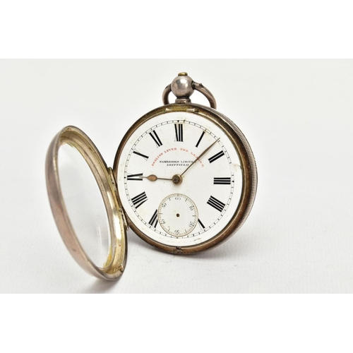 111 - A SILVER CASED POCKET WATCH, key wound, open face, white round dial signed 'English lever the leader... 