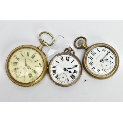 112 - THREE POCKET WATCHES, three open face pocket watches, the first signed 'Rodmen', Arabic numerals and... 