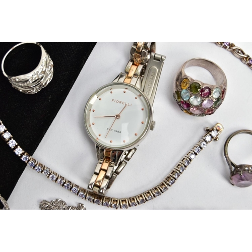 113 - AN ASSORTMENT OF WHITE METAL JEWELLERY AND A FASHION WRISTWATCH, to include three line bracelets, th... 