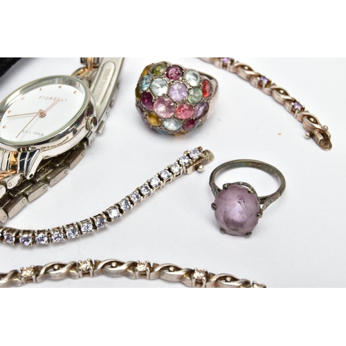 113 - AN ASSORTMENT OF WHITE METAL JEWELLERY AND A FASHION WRISTWATCH, to include three line bracelets, th... 