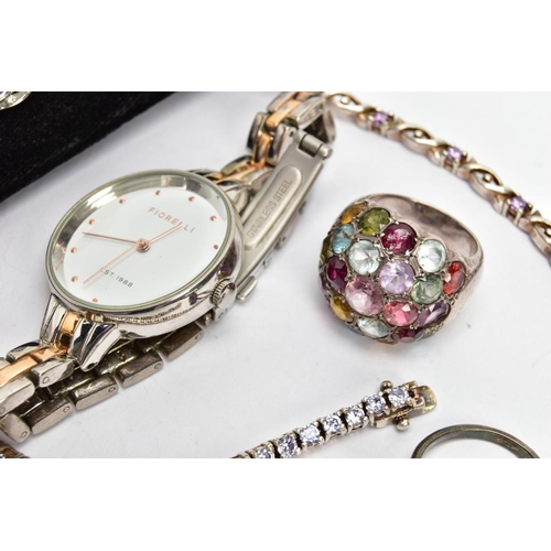 113 - AN ASSORTMENT OF WHITE METAL JEWELLERY AND A FASHION WRISTWATCH, to include three line bracelets, th... 