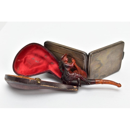 122 - A MEERSCHAUM PIPE AND SILVER COMPACT,  the meerschaum pipe detailing a lady playing an instrument, t... 