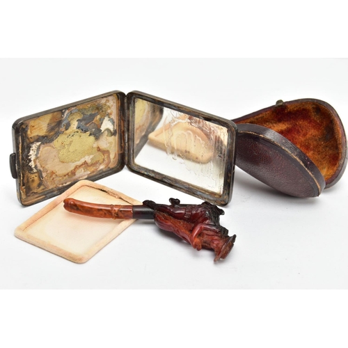 122 - A MEERSCHAUM PIPE AND SILVER COMPACT,  the meerschaum pipe detailing a lady playing an instrument, t... 