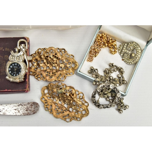 125 - A BOX OF ASSORTED ITEMS, to include a gilt bracelet, set with five oval goldstone stones, an assortm... 