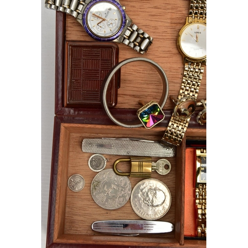 126 - A BOX OF ASSORTED WRISTWATCHES, five gents wristwatches, names to include Montine, Imado, Ben Sherma... 